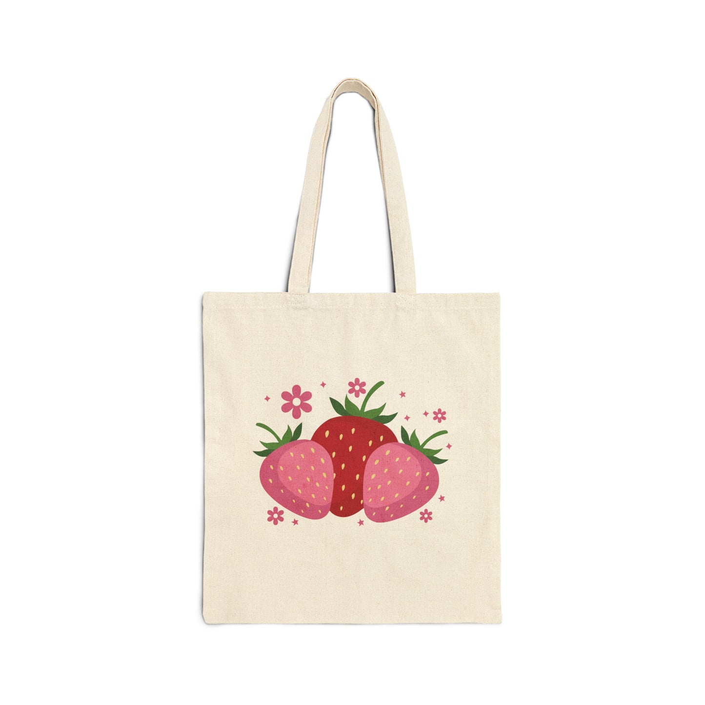 Strawberry Trio Cotton Tote — Cute Floral Fruit Market Bag, Front and Back Design