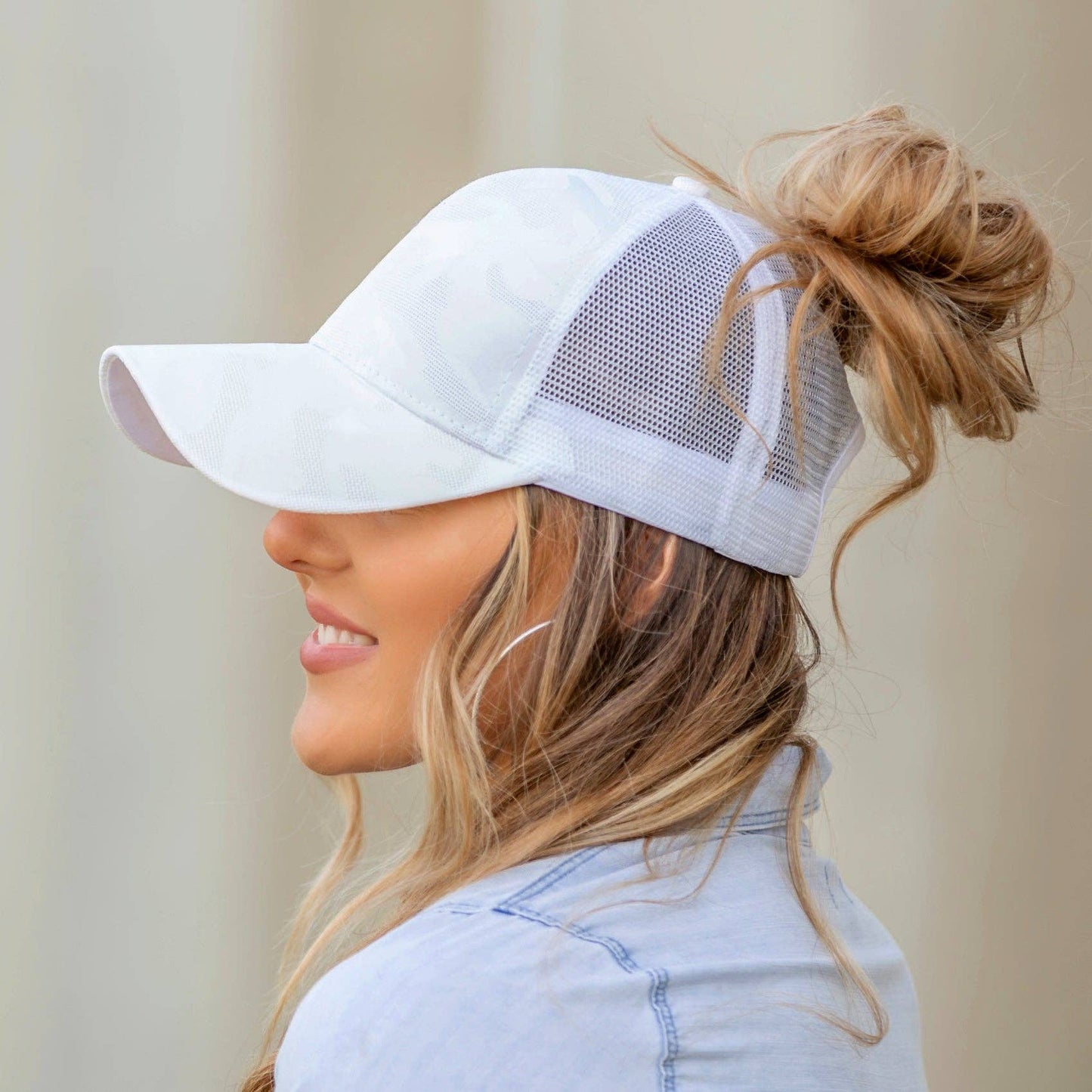 Black Camo High Ponytail Trucker Hat - Structured Messy Bun Cap