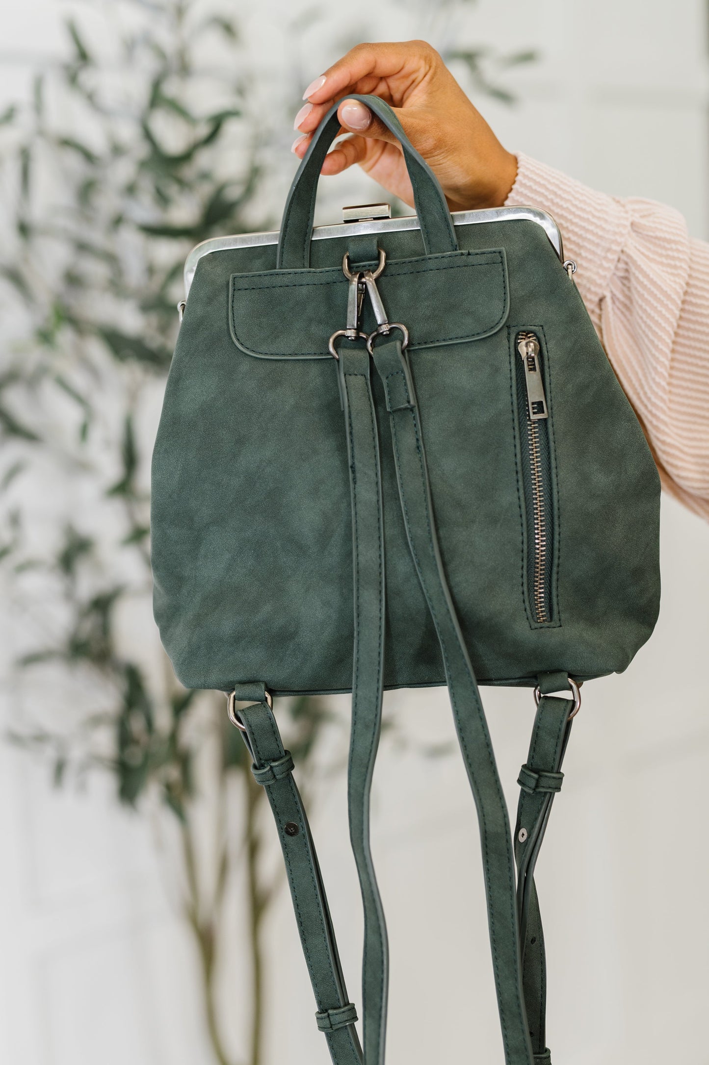 Charcoal Gray Vegan Leather Backpack – Hands-Free Convertible Bag with Floral Lining