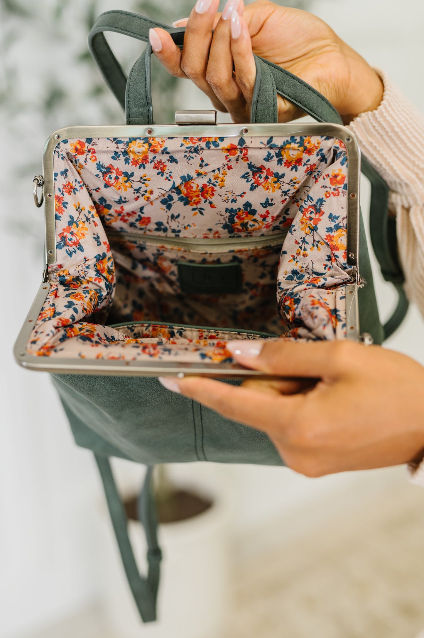 Charcoal Gray Vegan Leather Backpack – Hands-Free Convertible Bag with Floral Lining