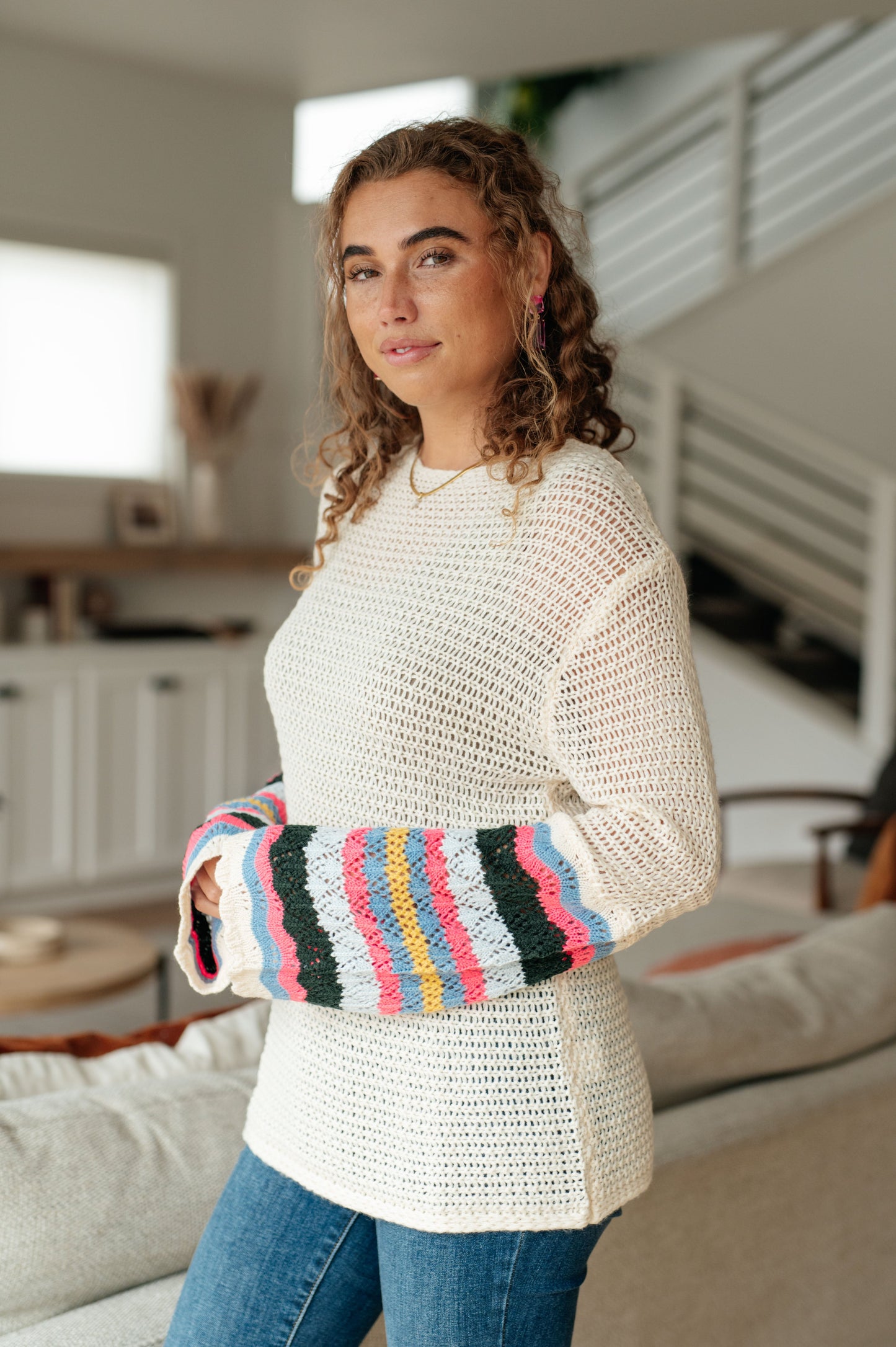 End of the Story Striped Sleeve Sweater – Loose Fit Lightweight Knit Pullove