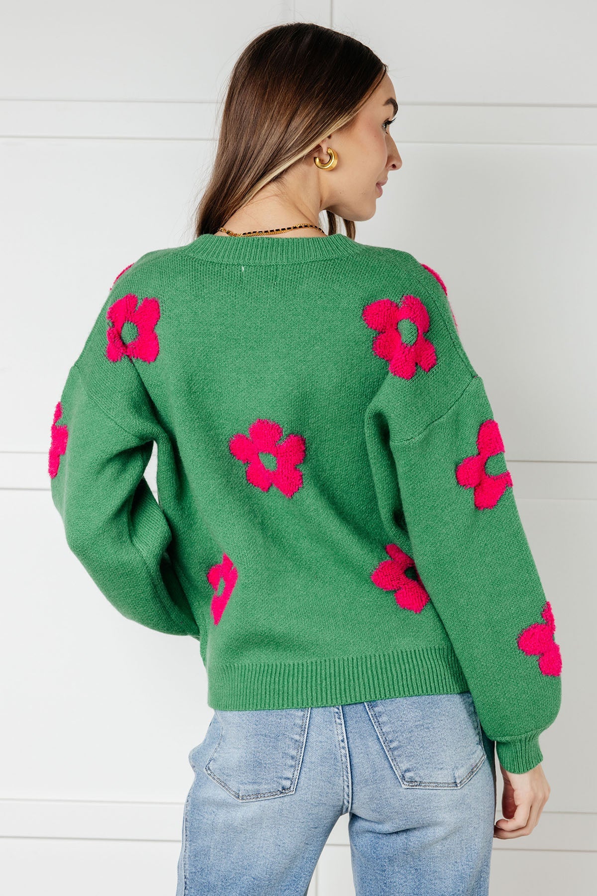 Follow Your Heart Drop Shoulder Sweater – Tufted Floral Knit Pullover