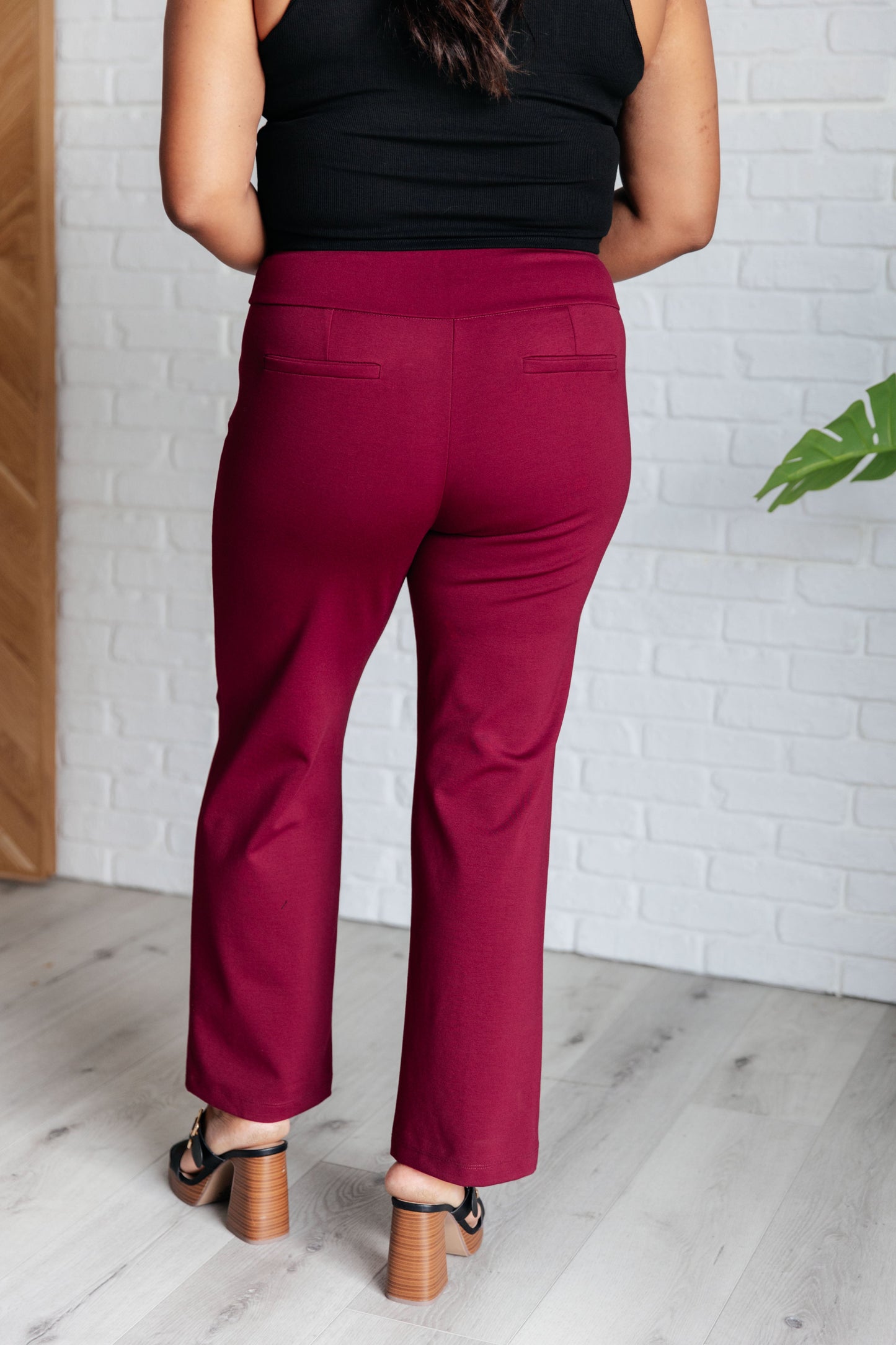 Magic Straight Pants in Wine – Ponte Knit Slim Fit with Faux Welt Pockets