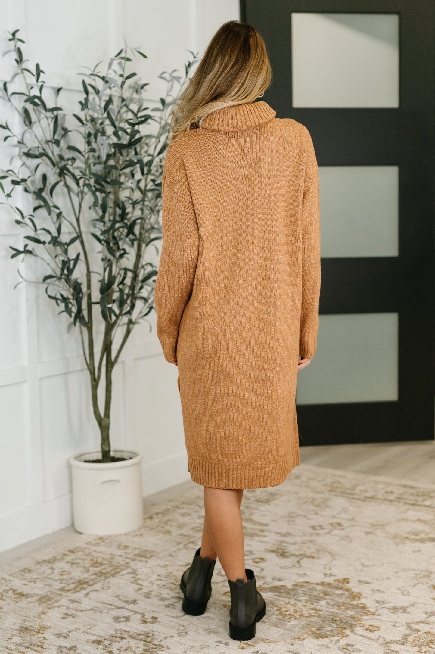 Personal Assistant Turtleneck Dress | Cozy Ribbed Knit Sweater Dress in Deep Camel