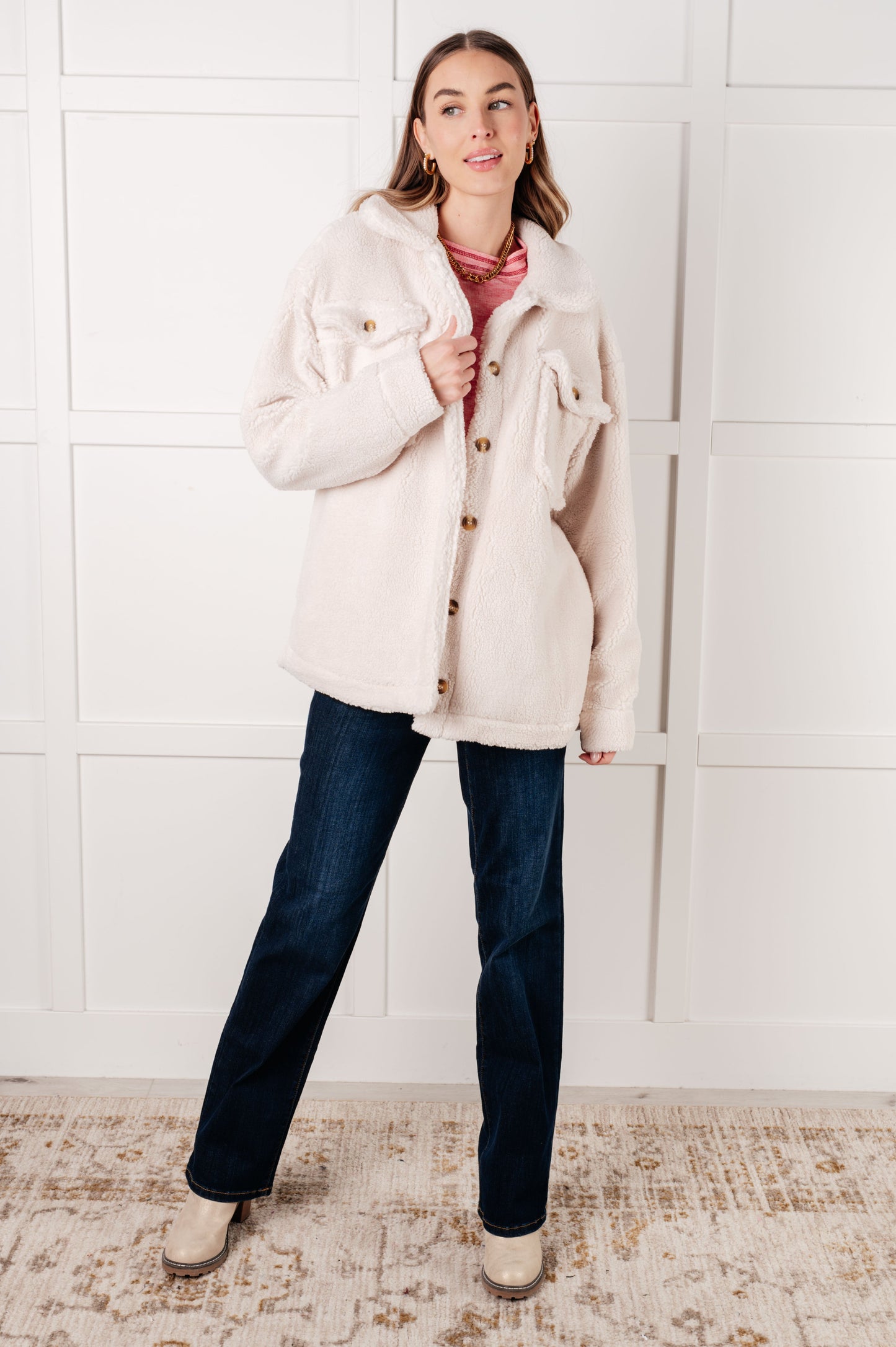 Shrouded in Sherpa Mid Length Coat | Women’s Heavyweight Fleece Button Front Jacket
