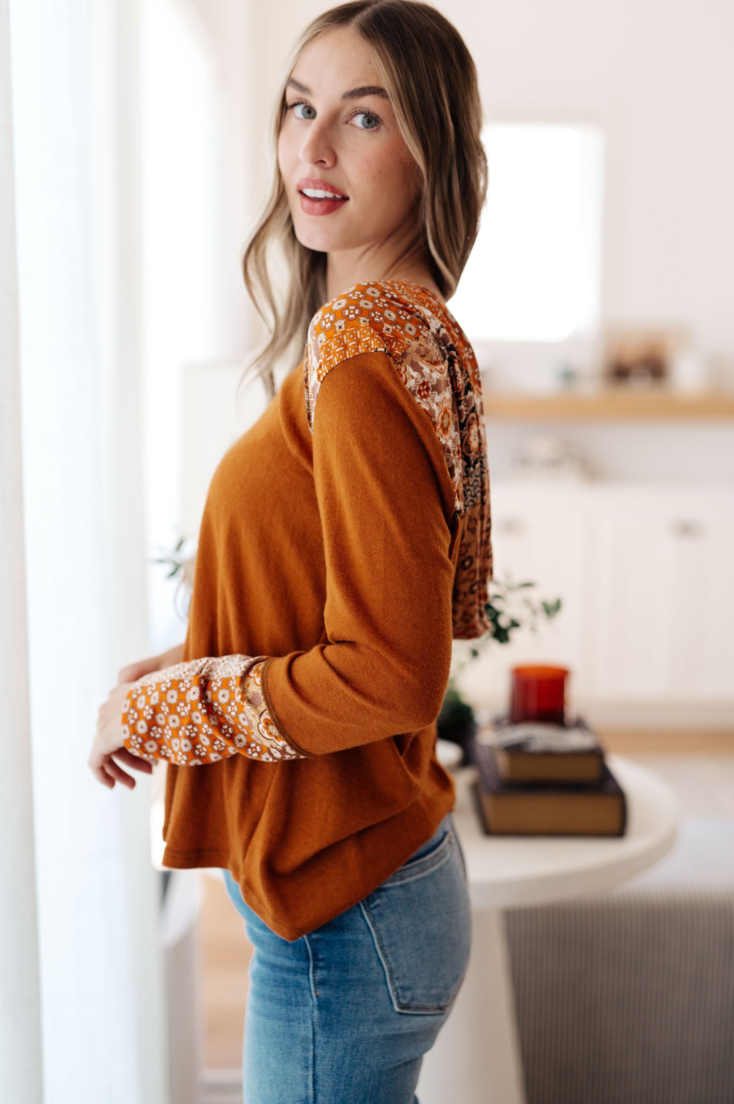 Sipping Iced Tea Mixed Print Hoodie – V-Neck Brushed Knit with Exposed Seams