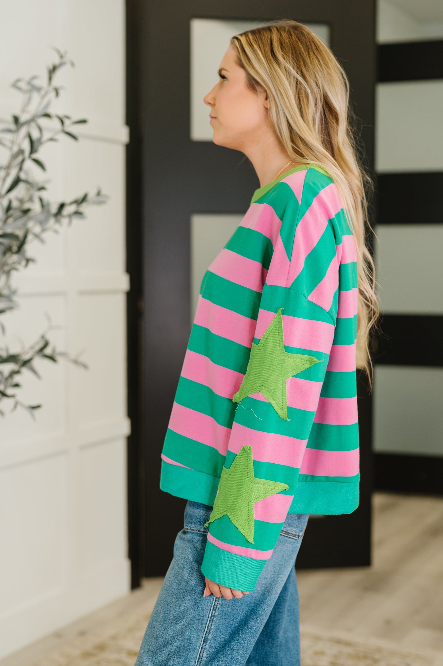 Stars On Stripes Patchwork Striped Sweatshirt – Cozy French Terry Pullover with Star Applique | Women’s Boutique Casual Top