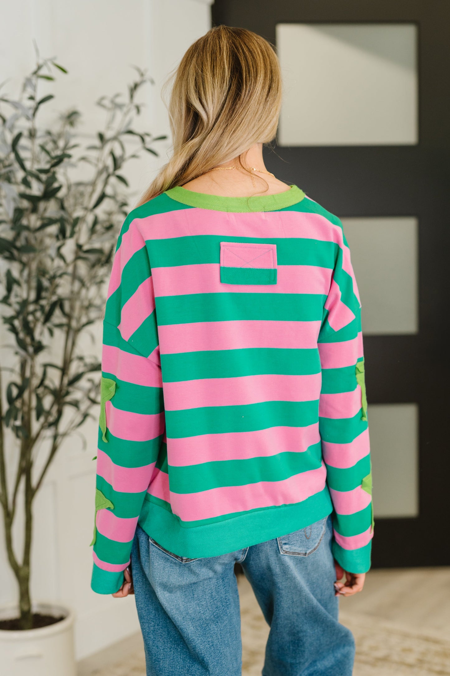 Stars On Stripes Patchwork Striped Sweatshirt – Cozy French Terry Pullover with Star Applique | Women’s Boutique Casual Top