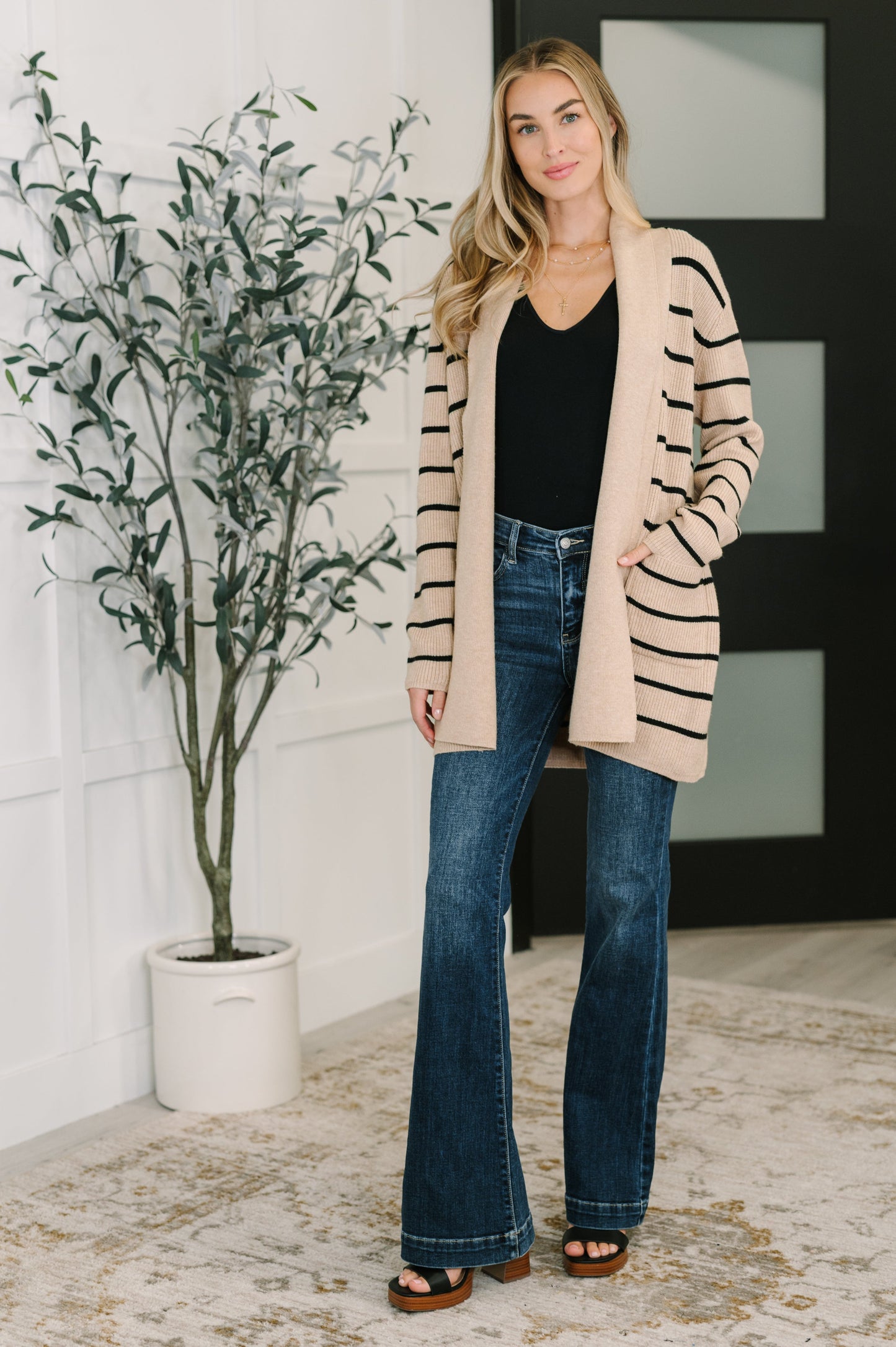 Under Wraps Striped Cardigan – Cozy Open Front Shawl Neck Sweater with Pockets | Women’s Boutique Layer
