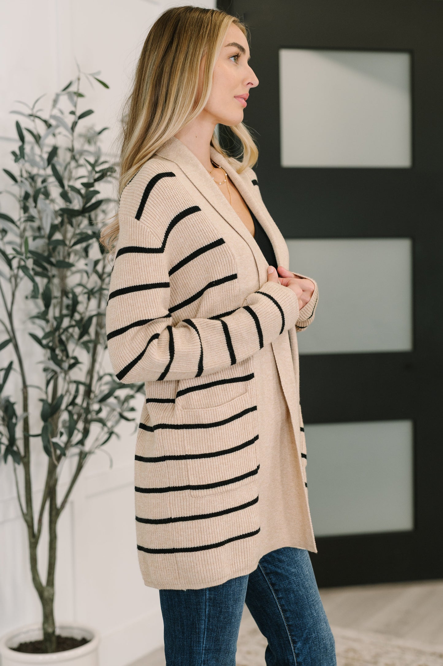 Under Wraps Striped Cardigan – Cozy Open Front Shawl Neck Sweater with Pockets | Women’s Boutique Layer