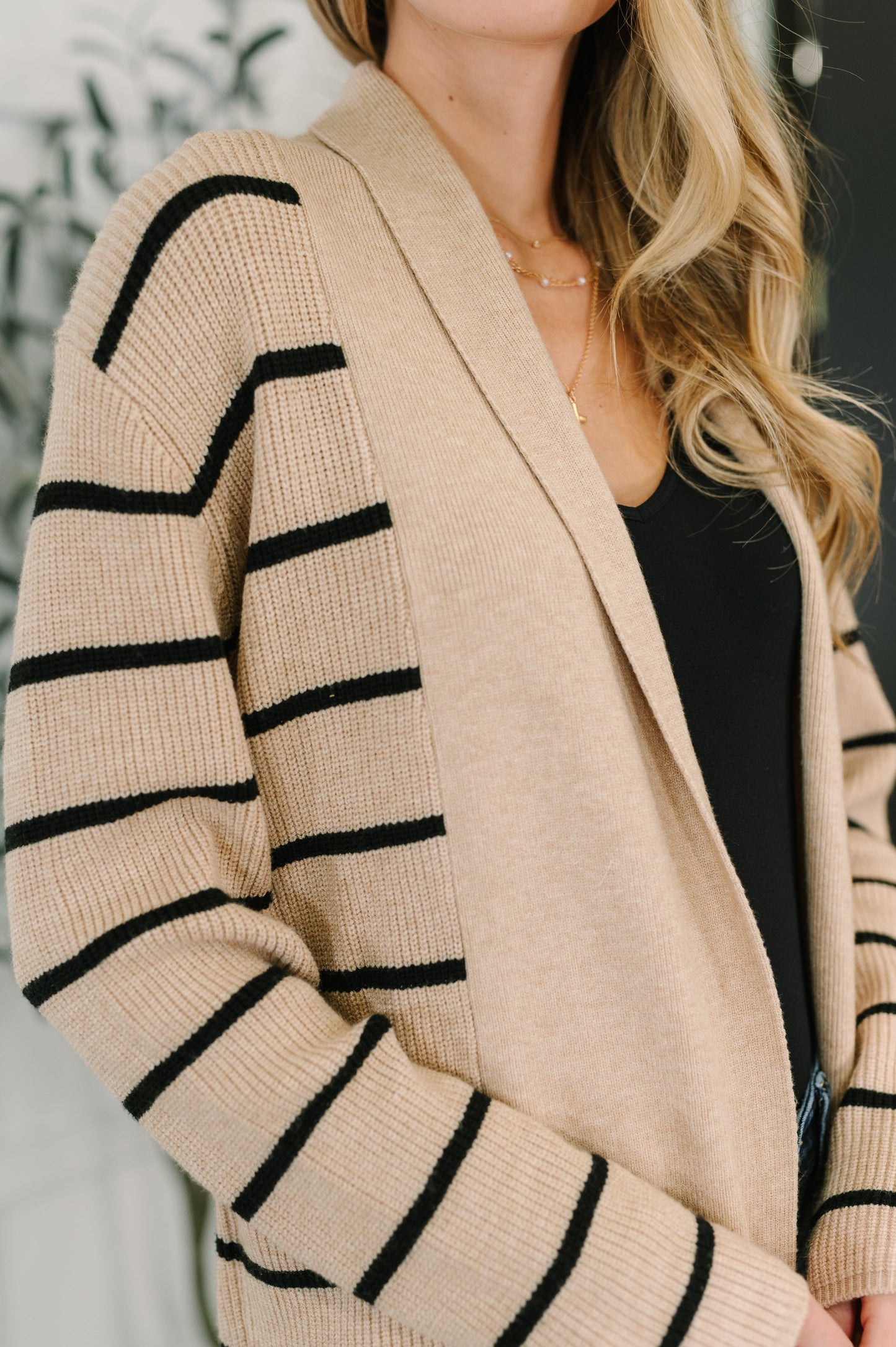 Under Wraps Striped Cardigan – Cozy Open Front Shawl Neck Sweater with Pockets | Women’s Boutique Layer