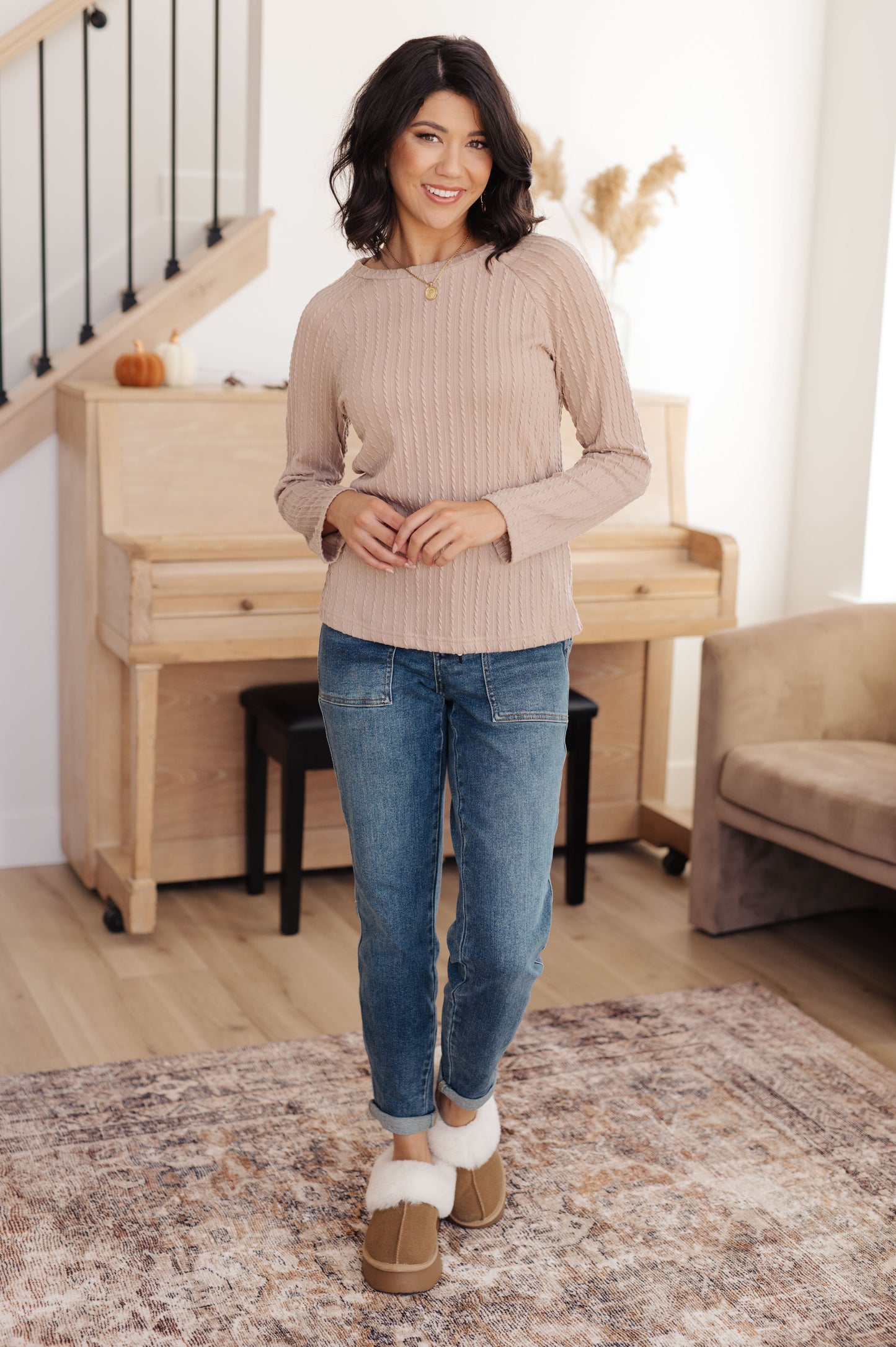 Winding Down Cable Detail Top – Textured Knit Raglan Sleeve Pullover
