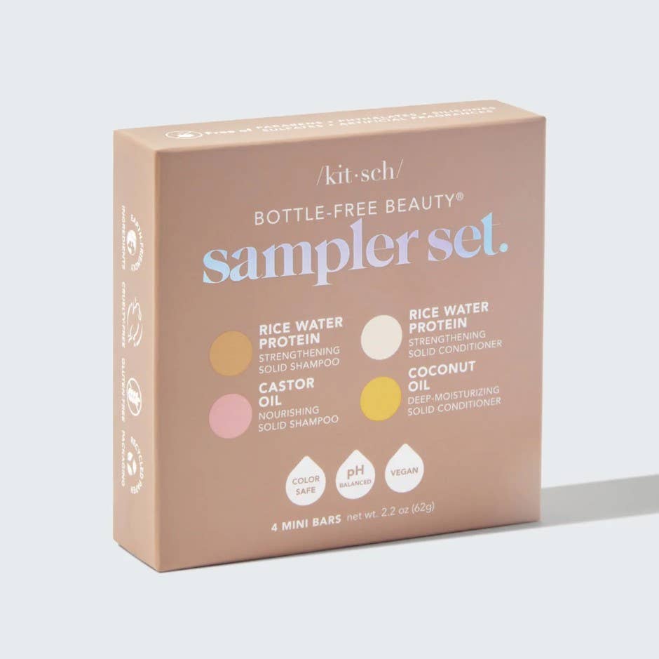 Bottle-Free Beauty 4pc Sampler Set – Rice Water & Castor Oil Shampoo & Conditioner Bars | Plastic-Free, Vegan Hair Care