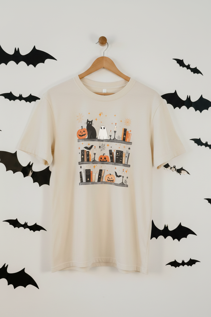 Spooky Bookish Halloween Bookshelf T-Shirt, Comfort Colors Ivory Tee
