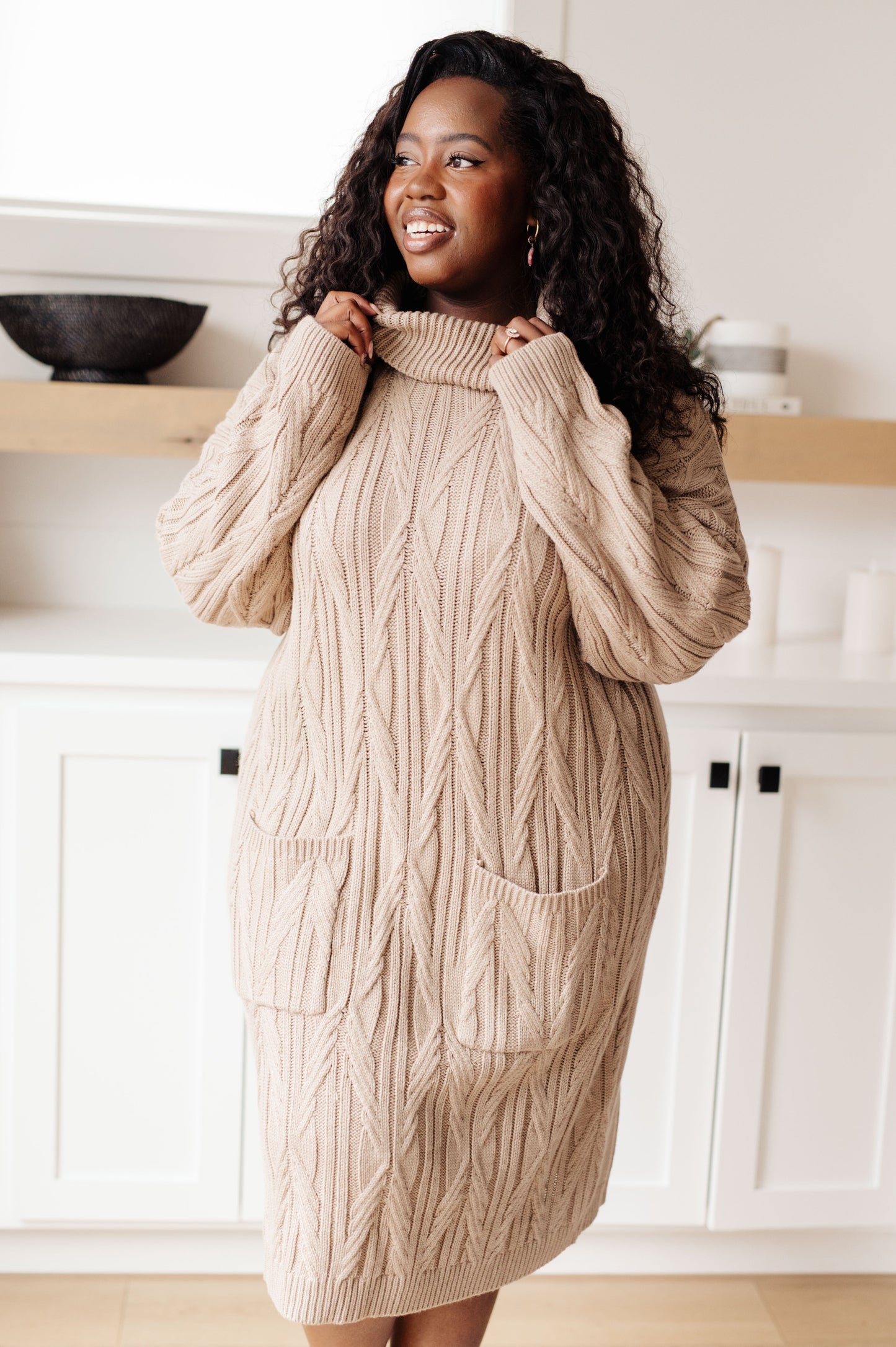 Bundled Beauty Turtleneck Sweater Dress | Cable Knit Midi Dress with Pockets