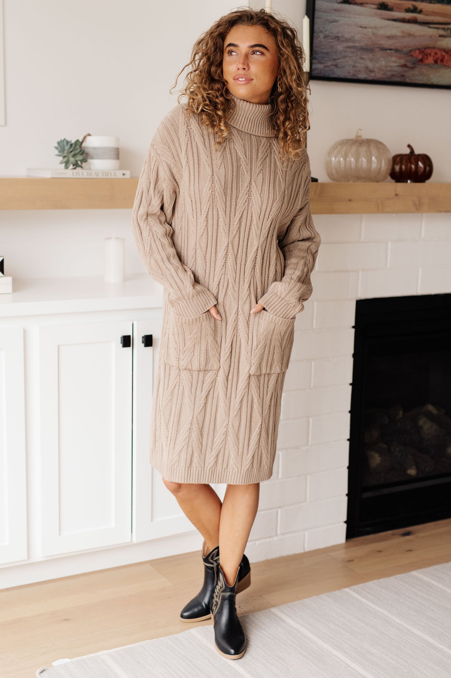 Bundled Beauty Turtleneck Sweater Dress | Cable Knit Midi Dress with Pockets