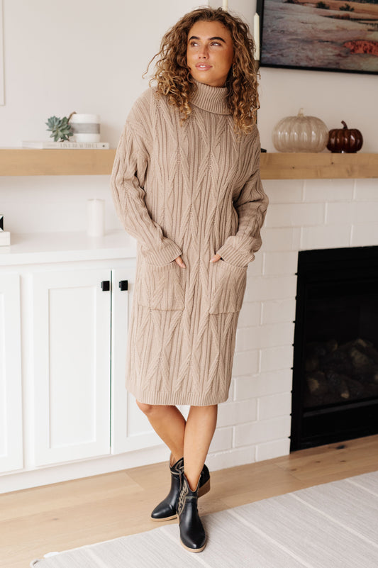 Bundled Beauty Turtleneck Sweater Dress | Cable Knit Midi Dress with Pockets