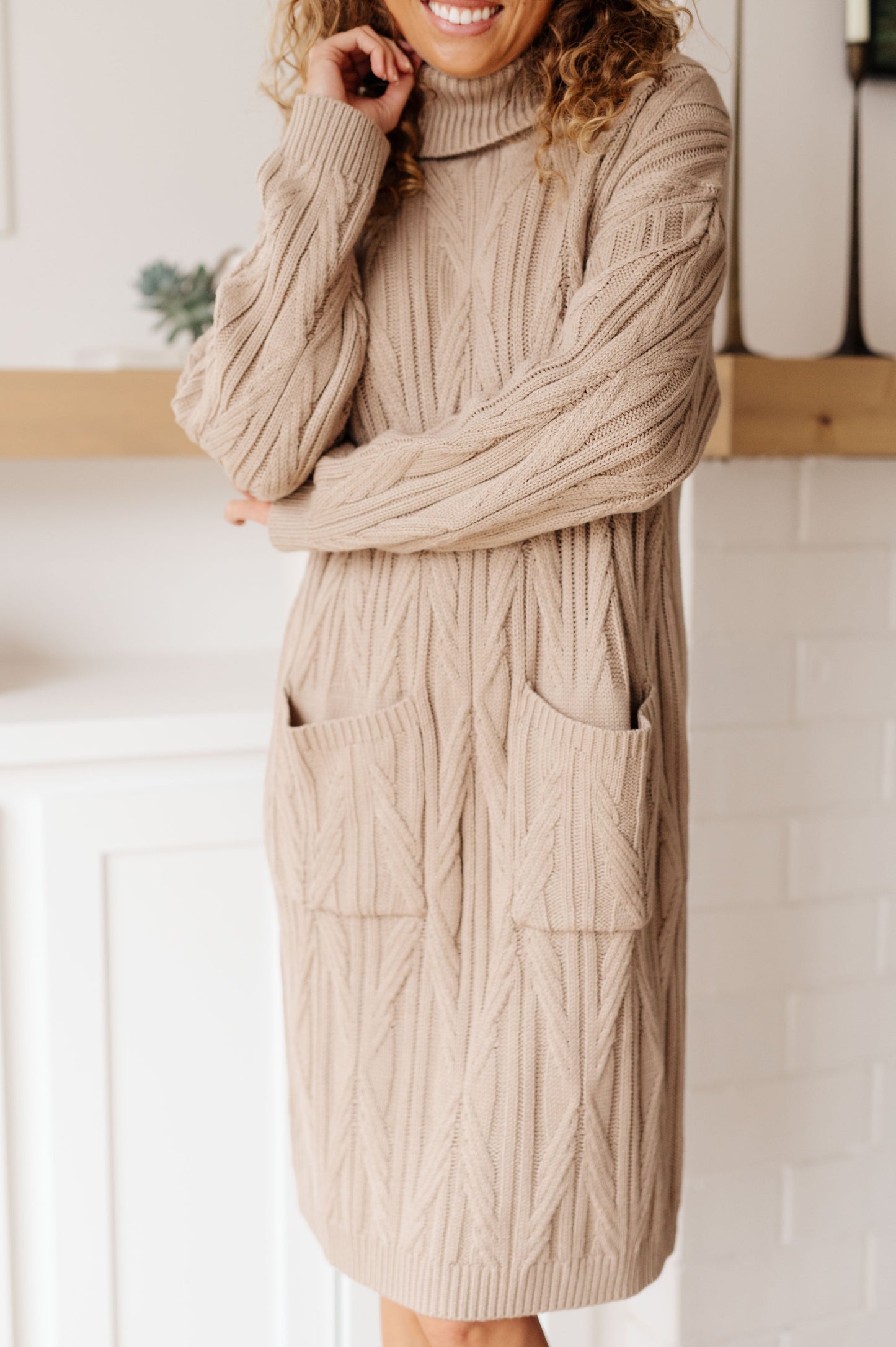 Bundled Beauty Turtleneck Sweater Dress | Cable Knit Midi Dress with Pockets