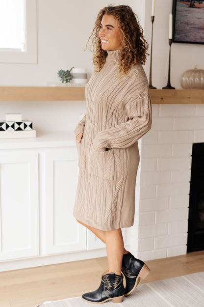 Bundled Beauty Turtleneck Sweater Dress | Cable Knit Midi Dress with Pockets