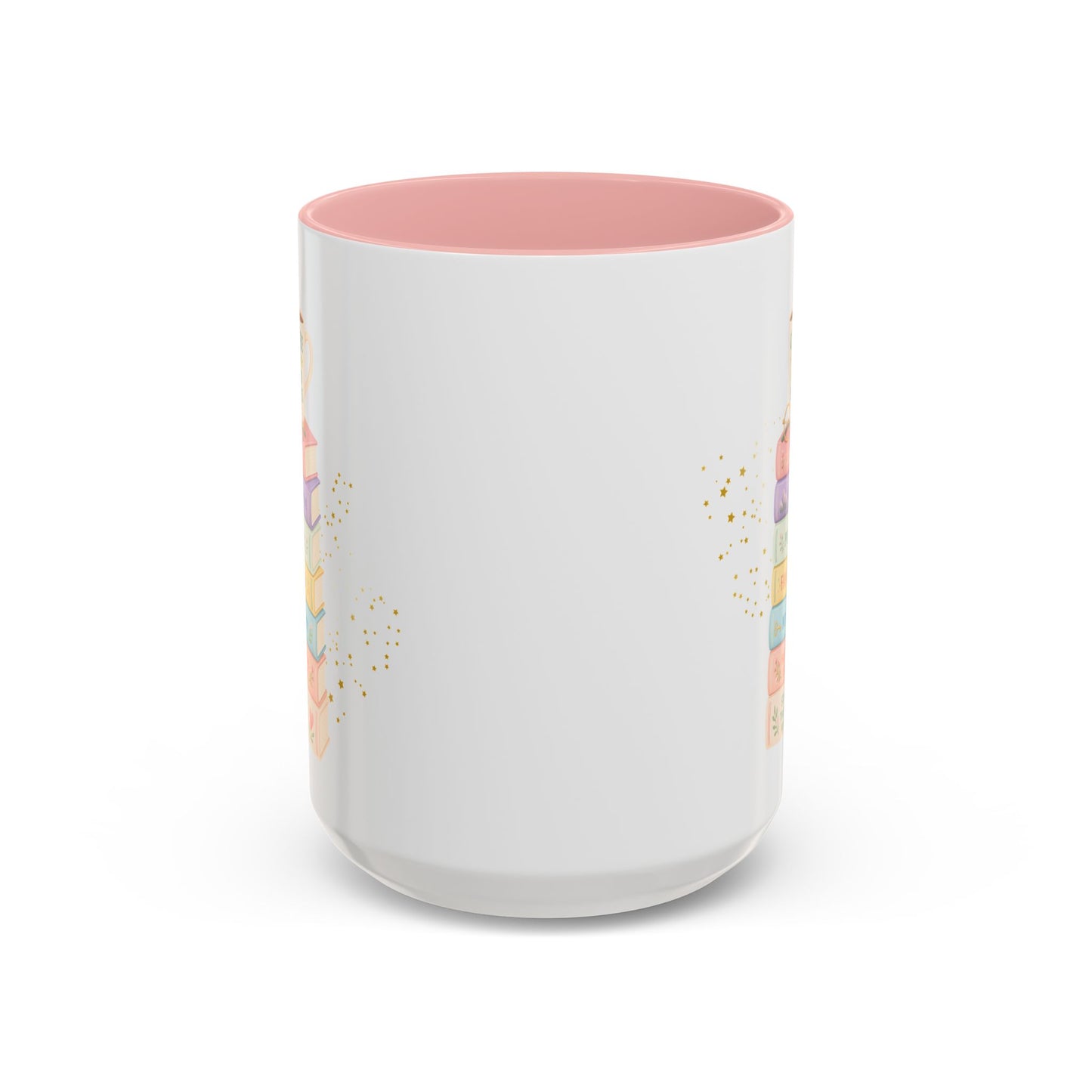 Whimsical Library Book Stack Mug | Two-Tone Pink Pastel Reader Gift