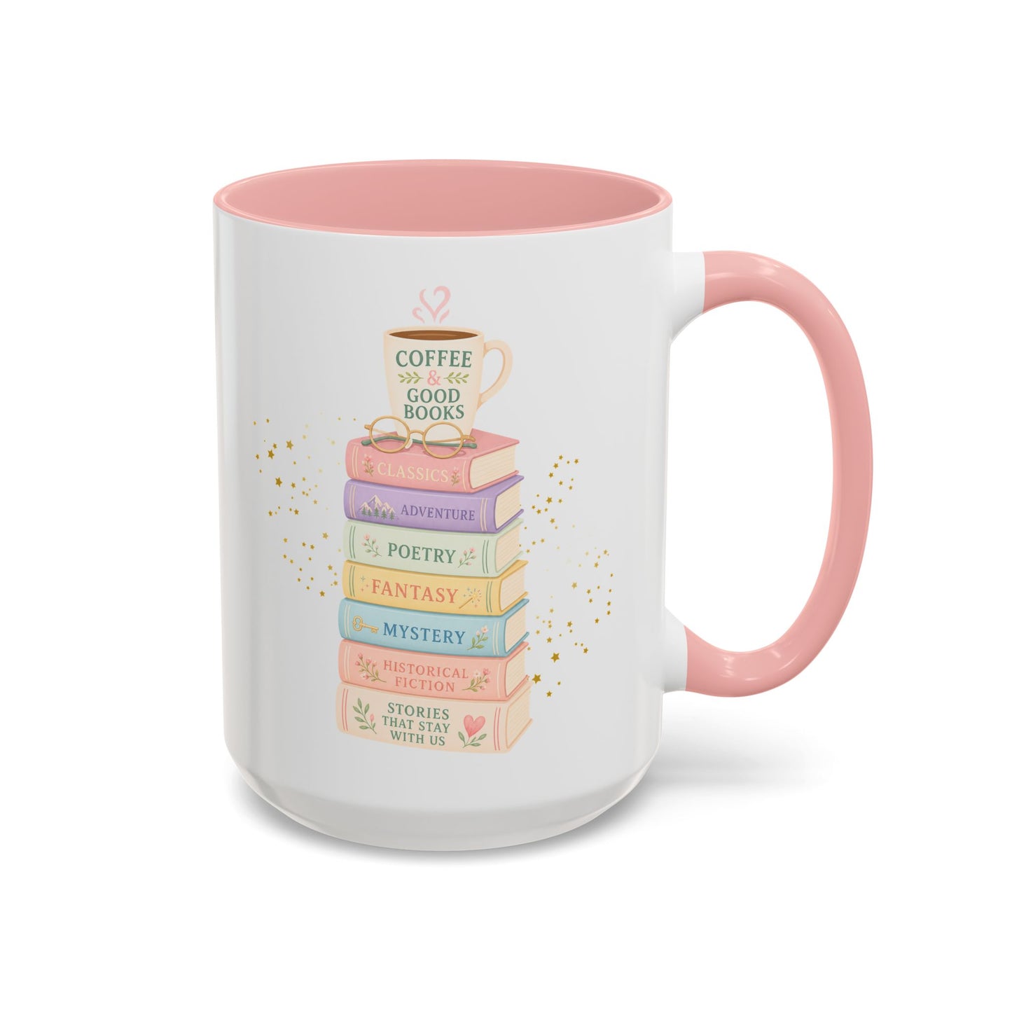 Whimsical Library Book Stack Mug | Two-Tone Pink Pastel Reader Gift