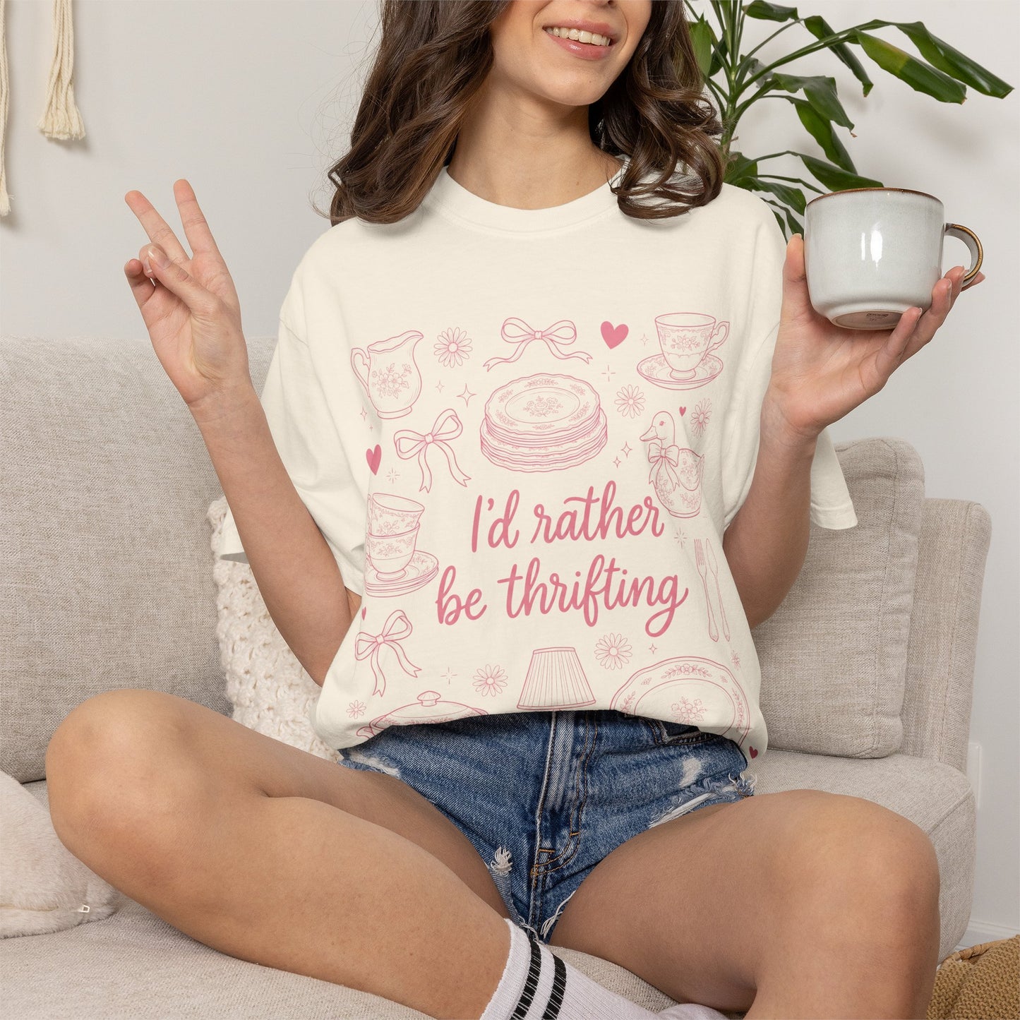 Comfort Colors Thrifting Shirt - Pink Bow Cottagecore Antique Lover Tee