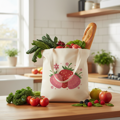 Strawberry Trio Cotton Tote — Cute Floral Fruit Market Bag, Front and Back Design