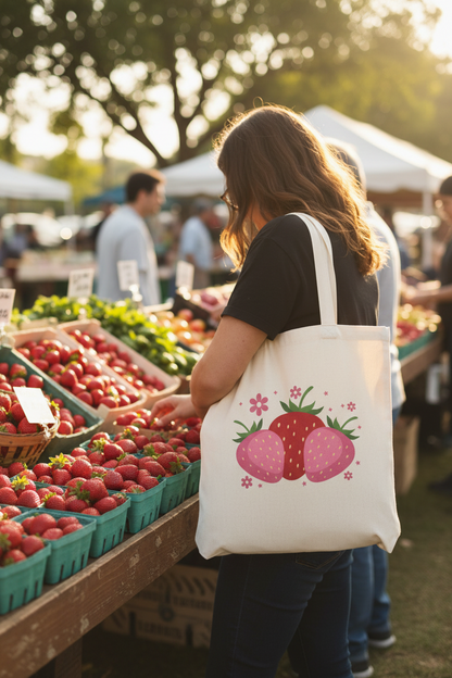 Strawberry Trio Cotton Tote — Cute Floral Fruit Market Bag, Front and Back Design