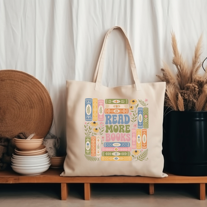 Read More Books Canvas Tote-Floral Booklover Bookstack Double Sided Reusable Bag