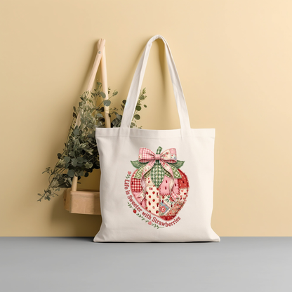 Life is Sweeter with Strawberries Tote Bag | Patchwork Canvas Market Bag