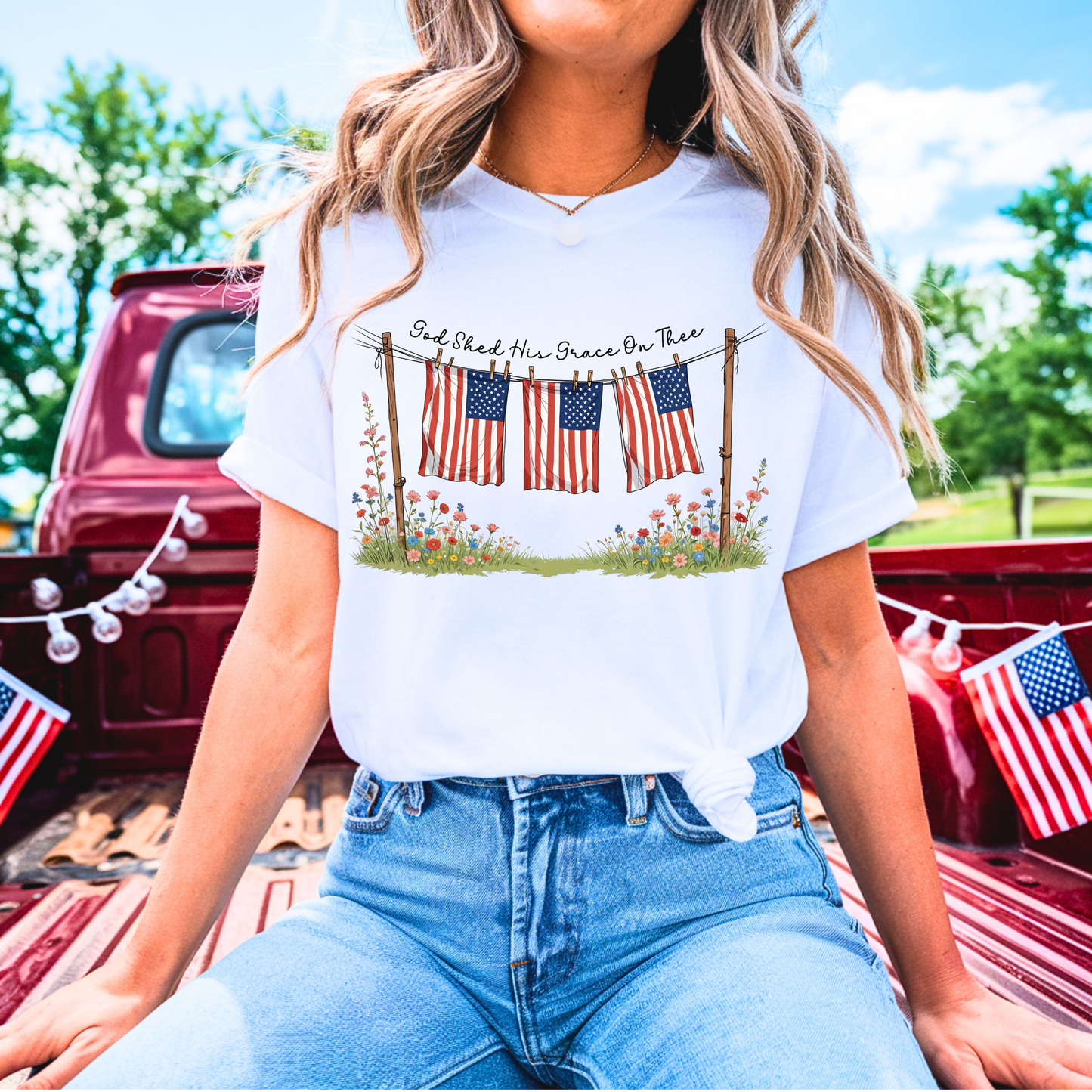 God Shed His Grace On Thee Shirt | Patriotic Floral Flag Graphic Tee