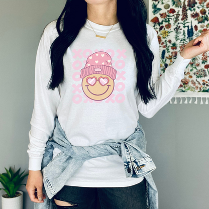 Happy Hearts Smile Face Long Sleeved Crewneck Valentine T-Shirt