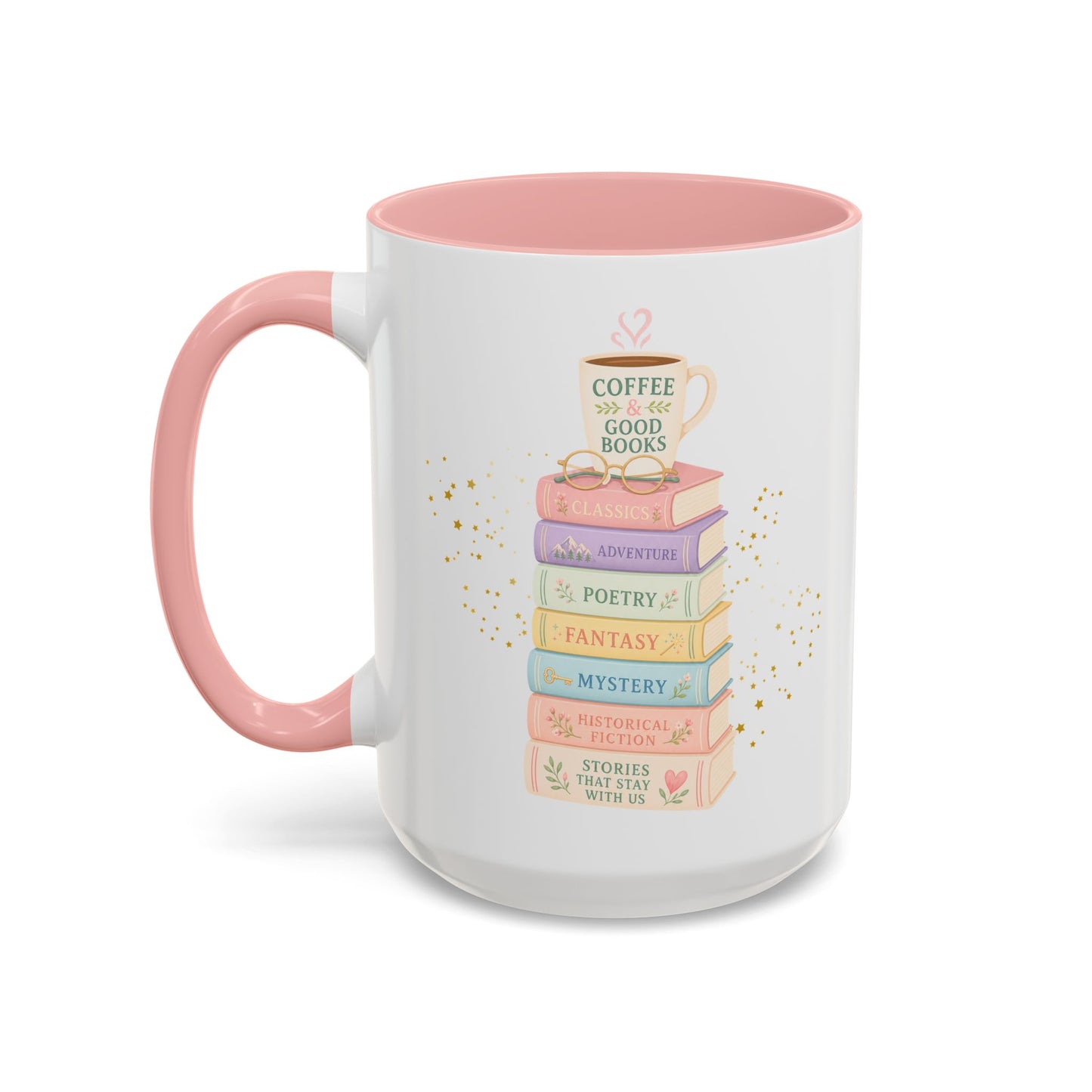 Whimsical Library Book Stack Mug | Two-Tone Pink Pastel Reader Gift