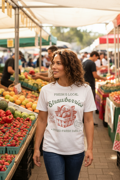 Farmers Market Strawberry Basket Graphic T-Shirt | Vintage Orchard Apparel