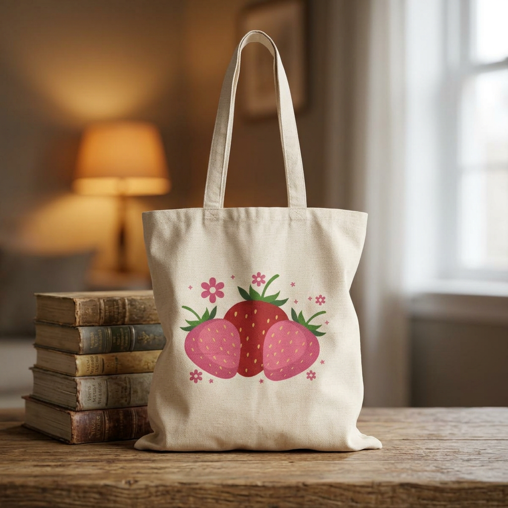 Strawberry Trio Cotton Tote — Cute Floral Fruit Market Bag, Front and Back Design