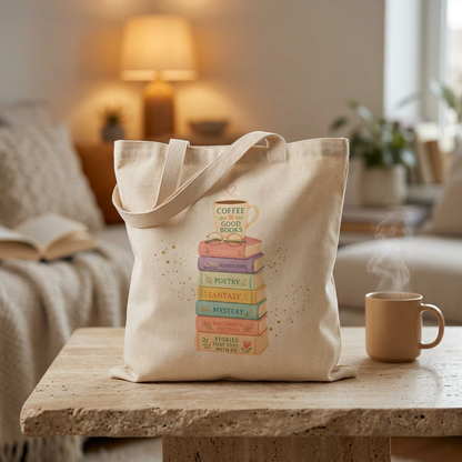 Coffee & Good Books Tote Bag | Pastel Watercolor Book Stack Canvas Bag