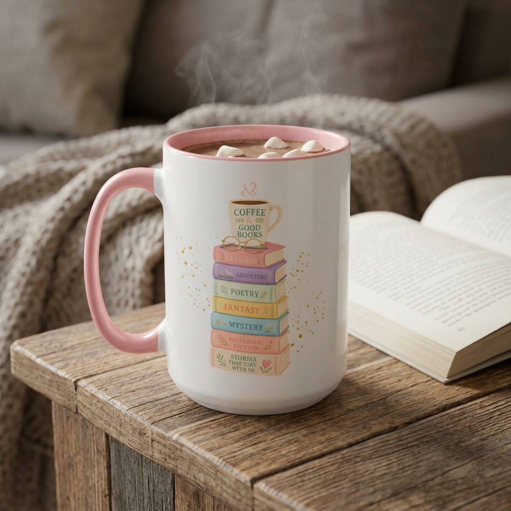 Whimsical Library Book Stack Mug | Two-Tone Pink Pastel Reader Gift