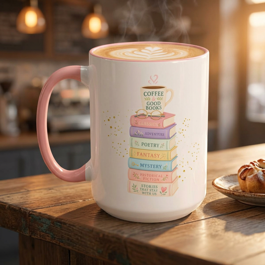 Whimsical Library Book Stack Mug | Two-Tone Pink Pastel Reader Gift