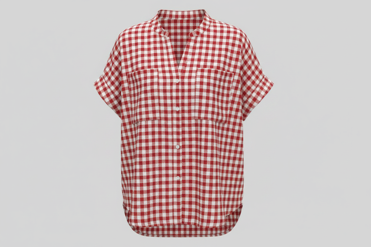 Red Gingham Short Sleeve Button-Down - Retro Plaid Summer Blouse