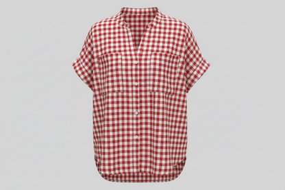 Red Gingham Short Sleeve Button-Down - Retro Plaid Summer Blouse