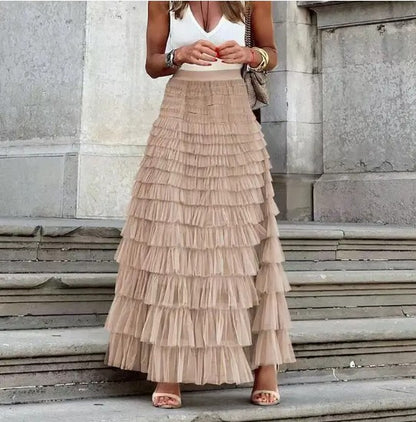 Tiered Mesh Ruffle Maxi Skirt – Flowy Layered Skirt with Elastic Waist