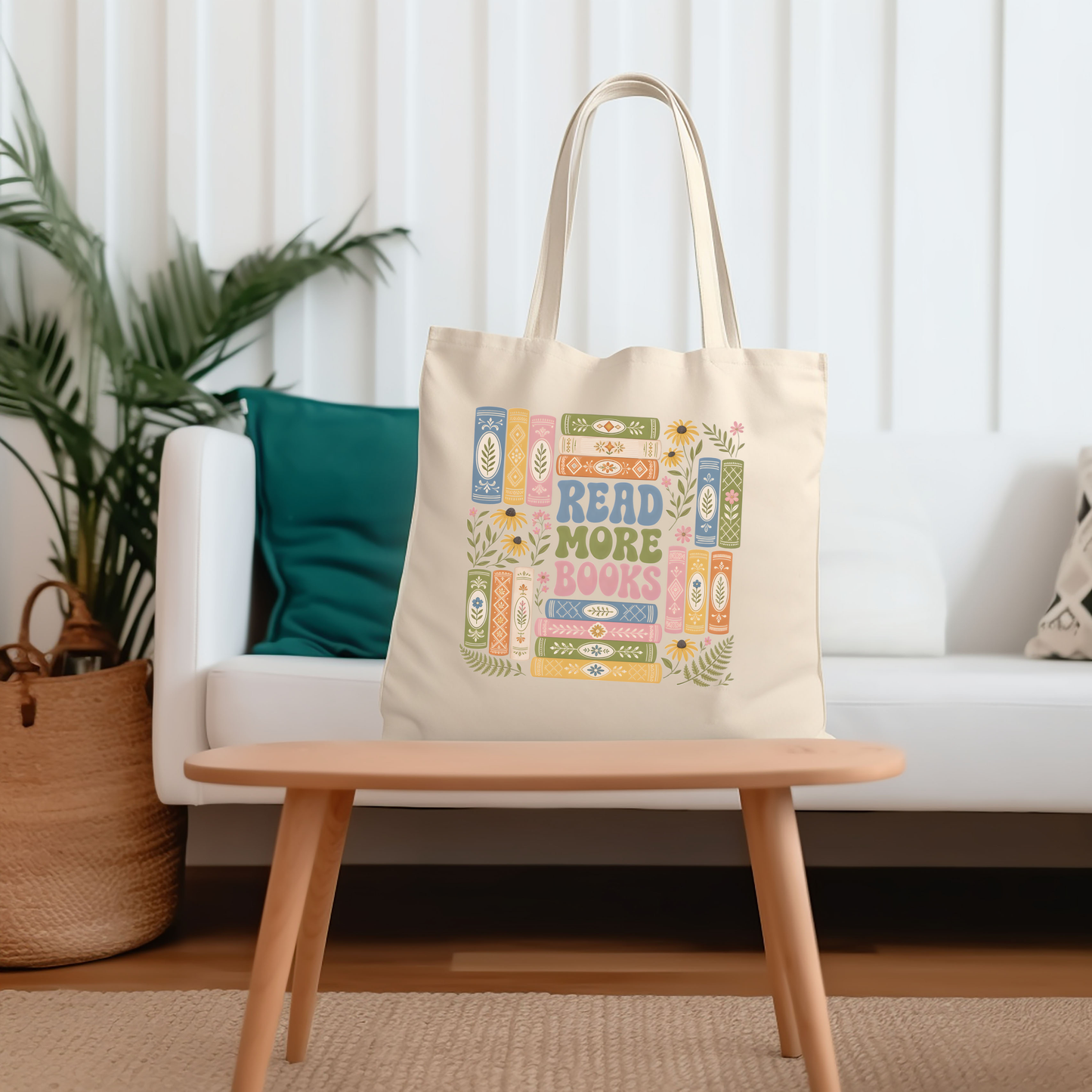Read More Books Canvas Tote-Floral Booklover Bookstack Double Sided Reusable Bag