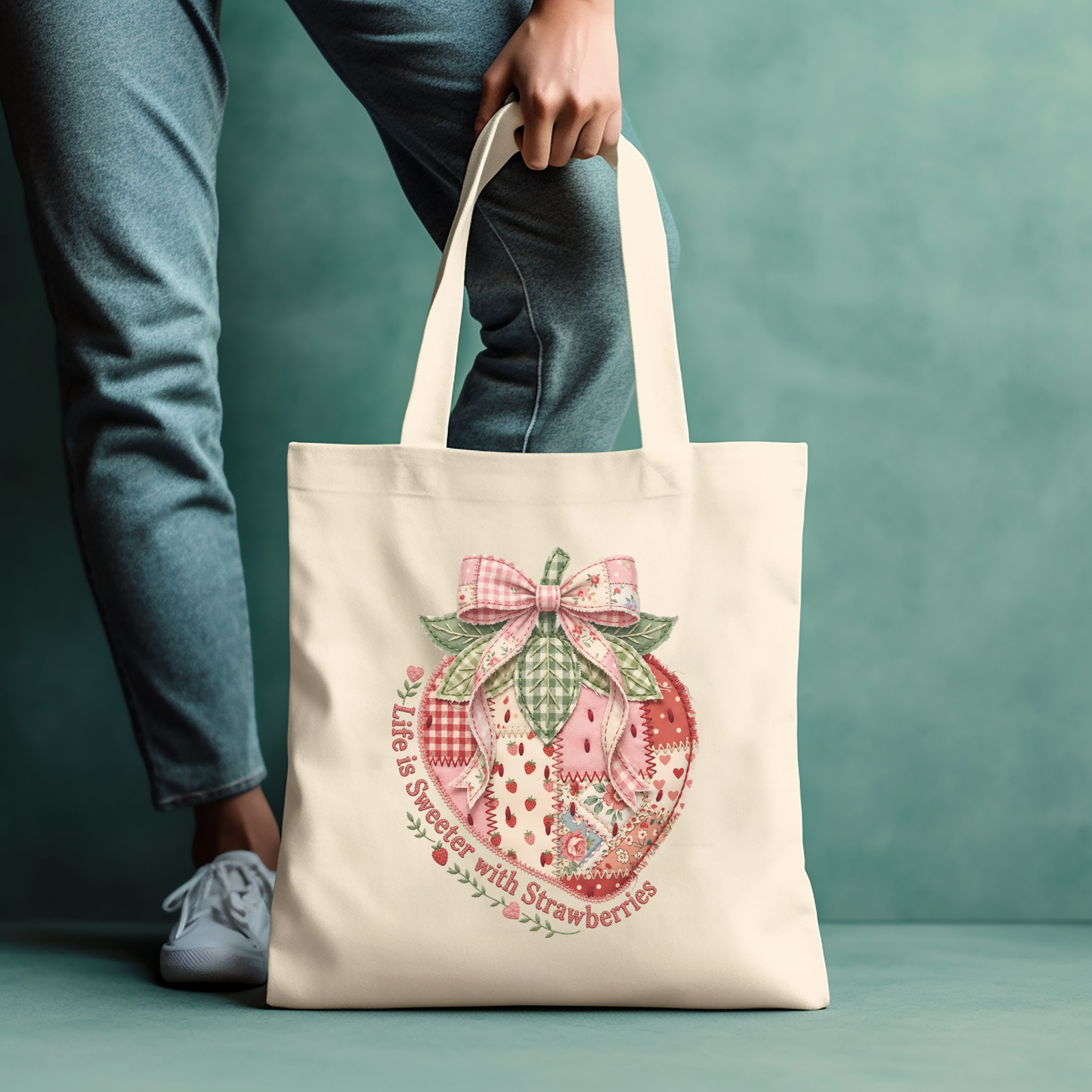 Life is Sweeter with Strawberries Tote Bag | Patchwork Canvas Market Bag