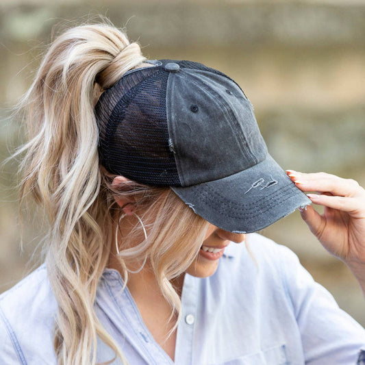 Distressed High Ponytail Mesh Trucker Hat - Unstructured Messy Bun Cap
