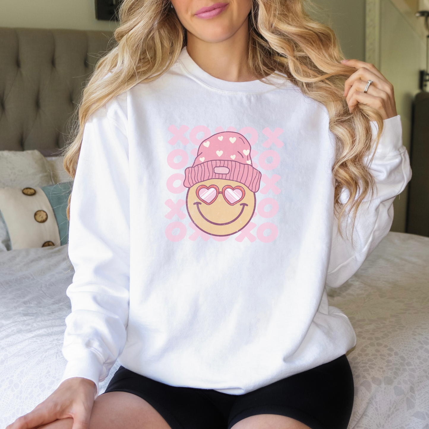 Happy Hearts Smile Face Long Sleeved Crewneck Valentine T-Shirt