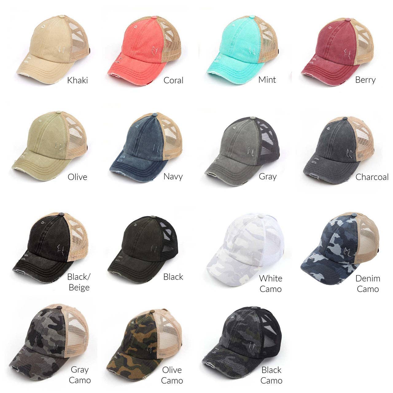 Authentic C.C® Criss-Cross Ponytail Cap - Distressed Mesh Mesh Back Hat