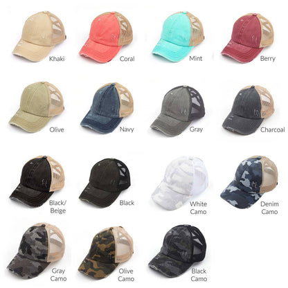 Authentic C.C® Criss-Cross Ponytail Cap - Distressed Mesh Mesh Back Hat