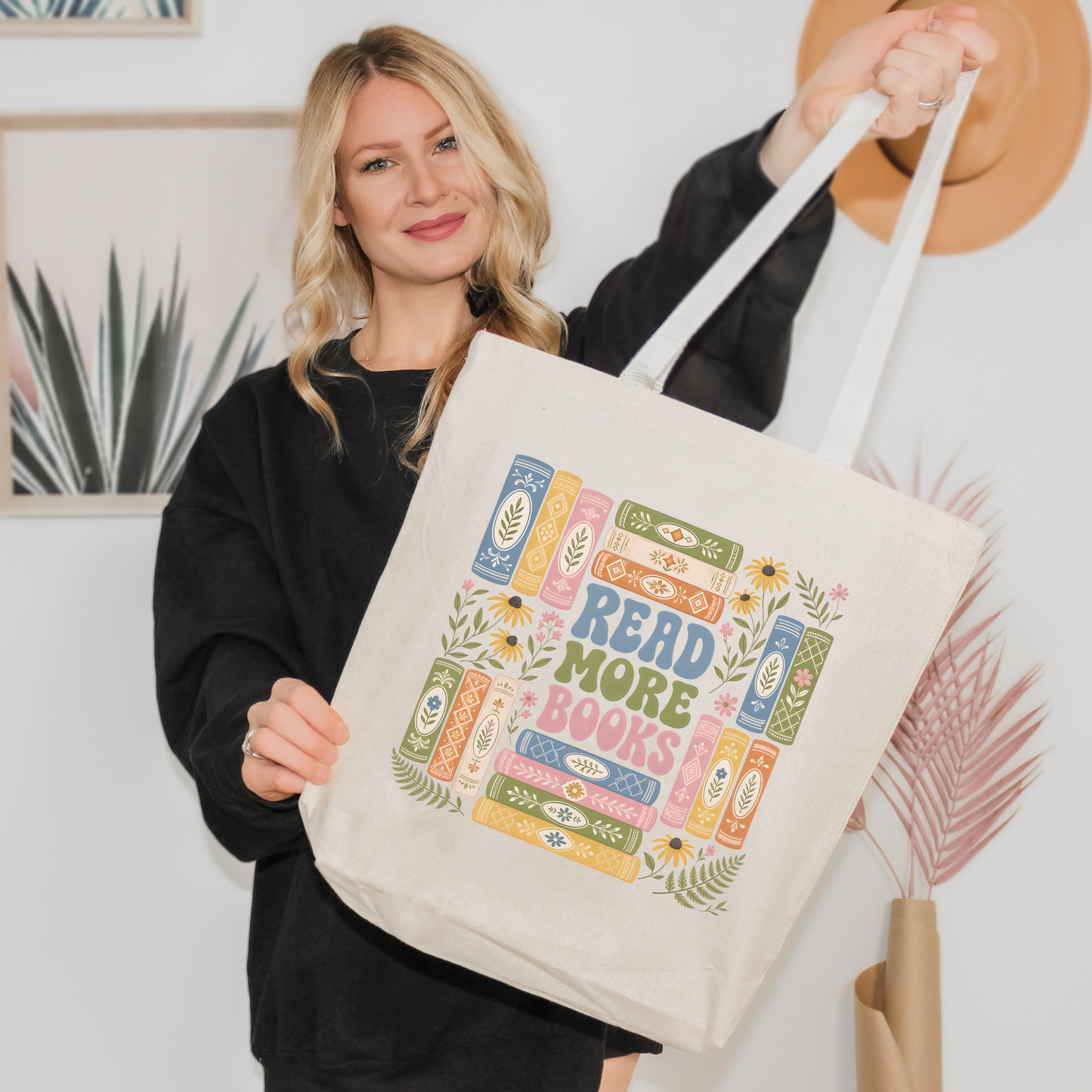 Read More Books Canvas Tote-Floral Booklover Bookstack Double Sided Reusable Bag