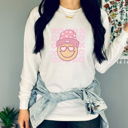 Happy Hearts Smile Face Long Sleeved Crewneck Valentine T-Shirt