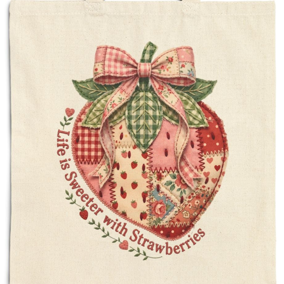 Life is Sweeter with Strawberries Tote Bag | Patchwork Canvas Market Bag